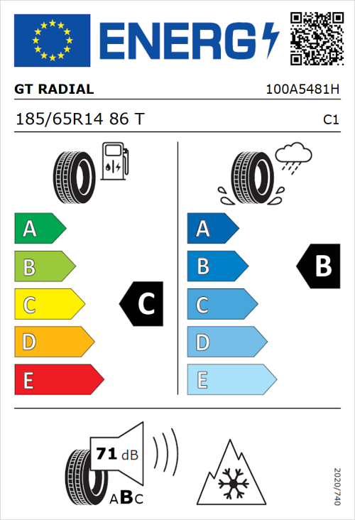 Tyre Label for GT Radial 4Seasons 185/65R14 86T