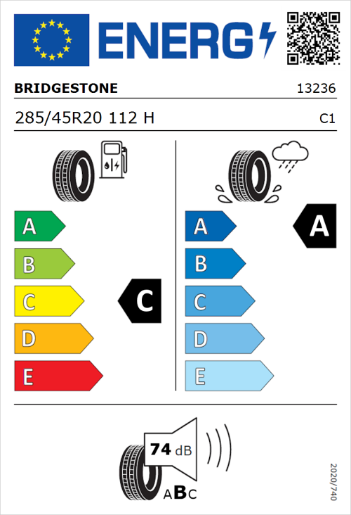 Tyre Label for Bridgestone Alenza 001 285/45R20 112H