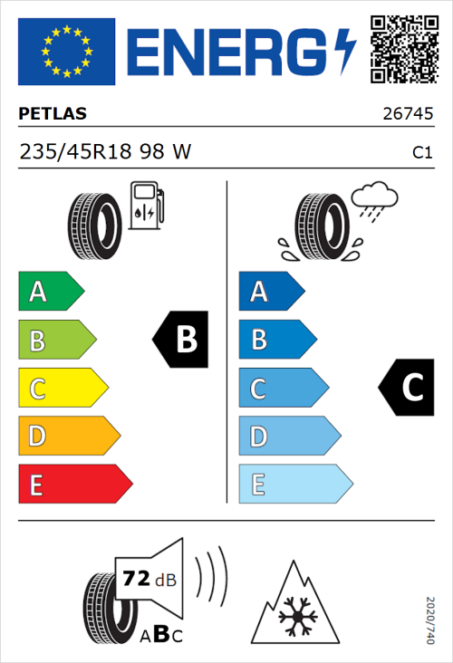 Tyre Label for Petlas Multi Action PT565 235/45R18 98W